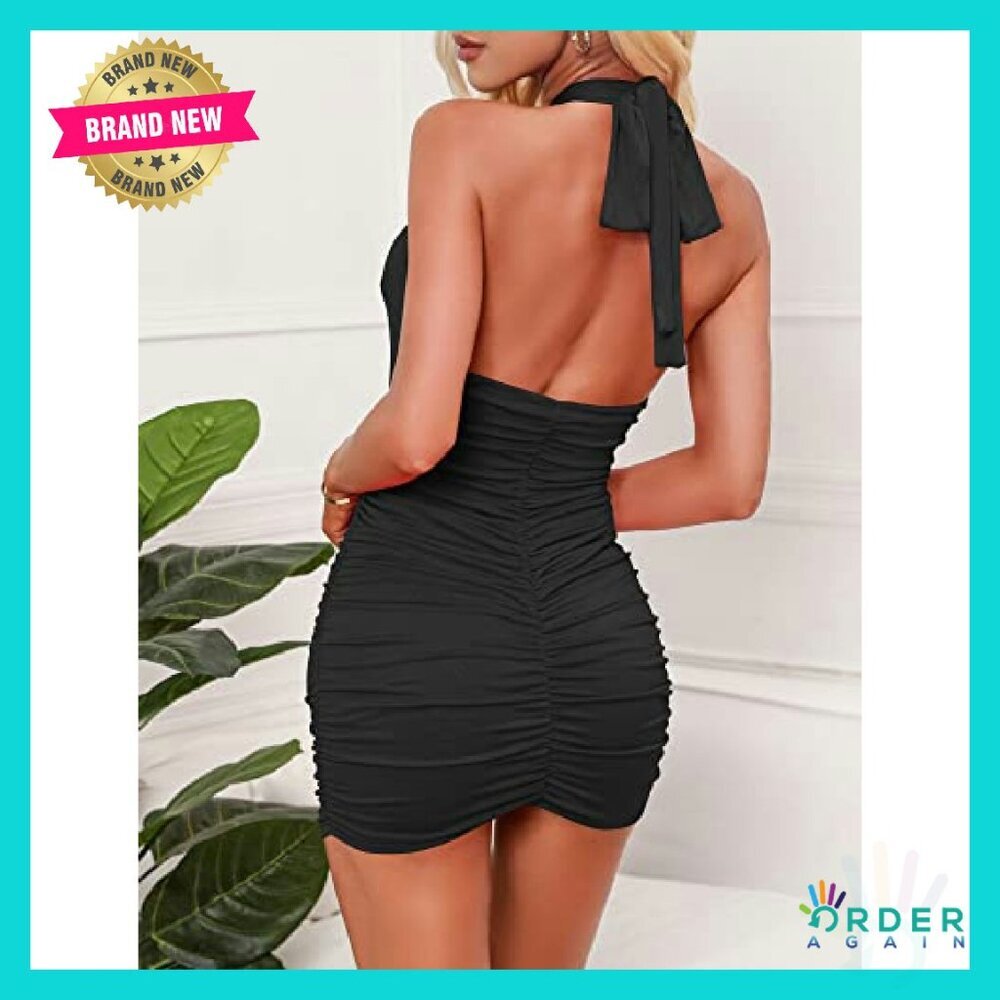 Sexy Bodycon Halter Mini Dress Cut Out Ruched Backless Party Night Out - Picture 3 of 8